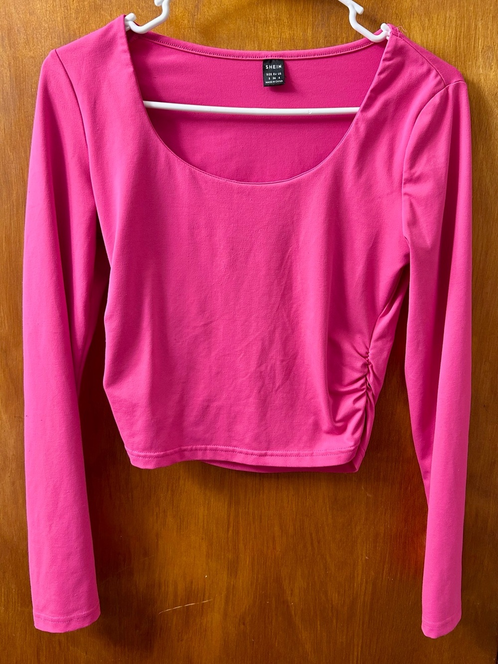 SHEIN Hot Pink Long Sleeve Scoop Neck Cropped Top with Side Ruching